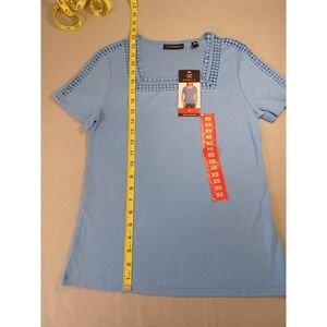 Rafaella Womens Azure Blue Crochet Trim Square Neck Cotton T-Shirt RSKSF064